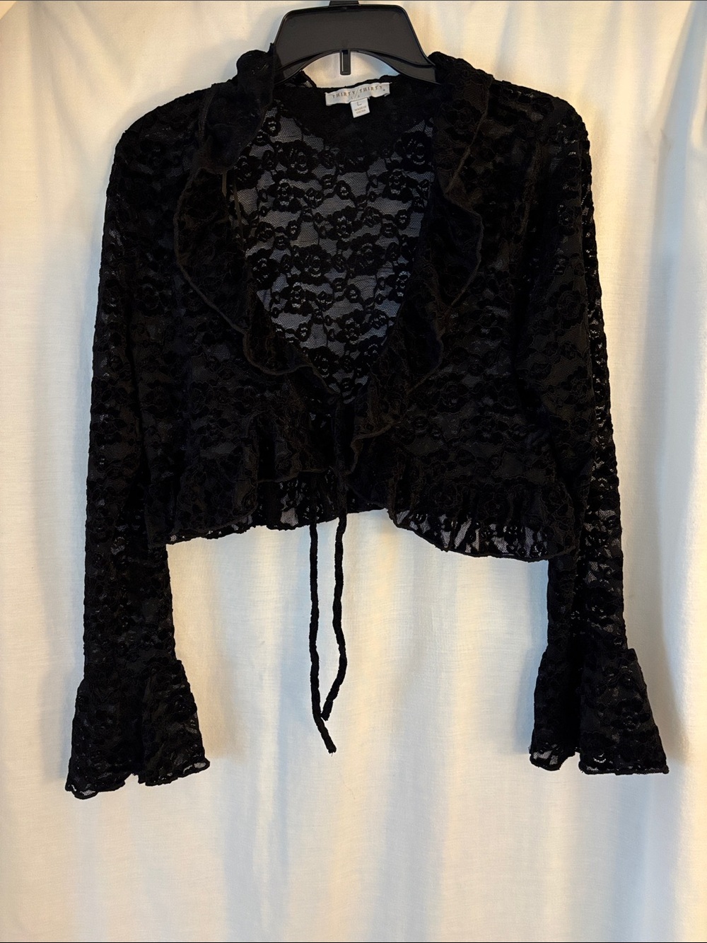 Sheer Black Lace Ruffle Tie-Front Crop Top